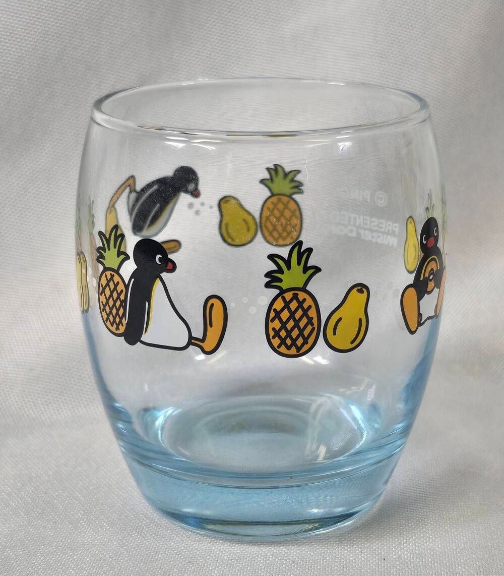 Retro Pingu & Fruits Water Glass Tumbler – Blue Tinted Base Japan Import